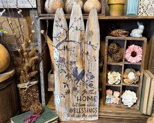 This image shows a 20 inch wooden fence door with wood-birds birds perched on branches. A bless this house message is at the bottom.